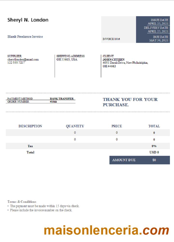 USA Sheryl N. London faktura słowo i PDF szablon